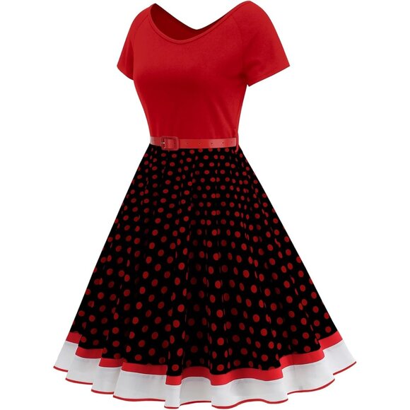 Vintage 1950s Dress Retro Polka Dot Cocktail Swing Dress with Headband - Picture 2 of 7